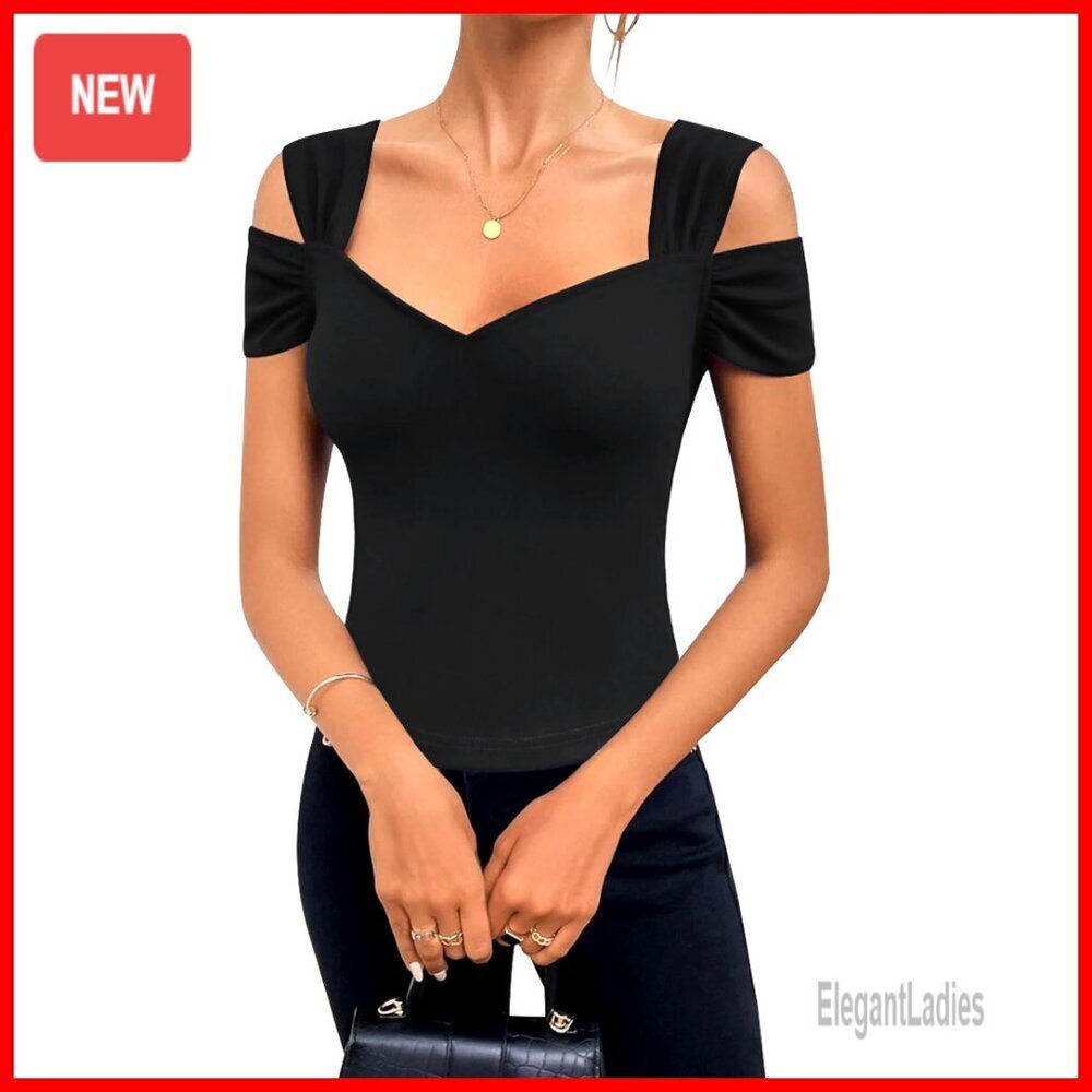 Cold Shoulder Tunic Top V-Neck Short Sleeve Blouse Women's Casual Tee
